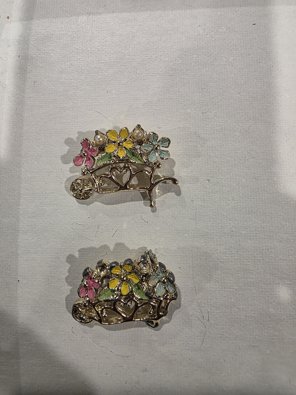 Gold-Tone Floral Bouquet Brooches with Pink, Yellow & Blue Enamel